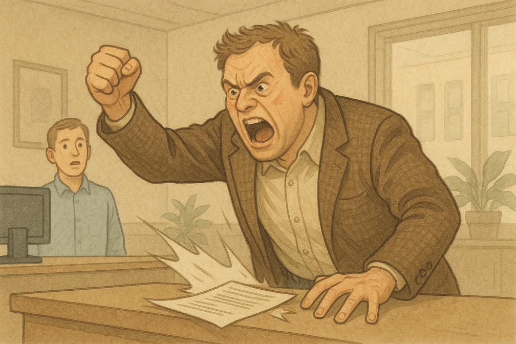 A middle-aged man angrily slams his fist on a business counter while yelling, startling the employee behind it. Illustrating adult entitlement and emotional immaturity.
