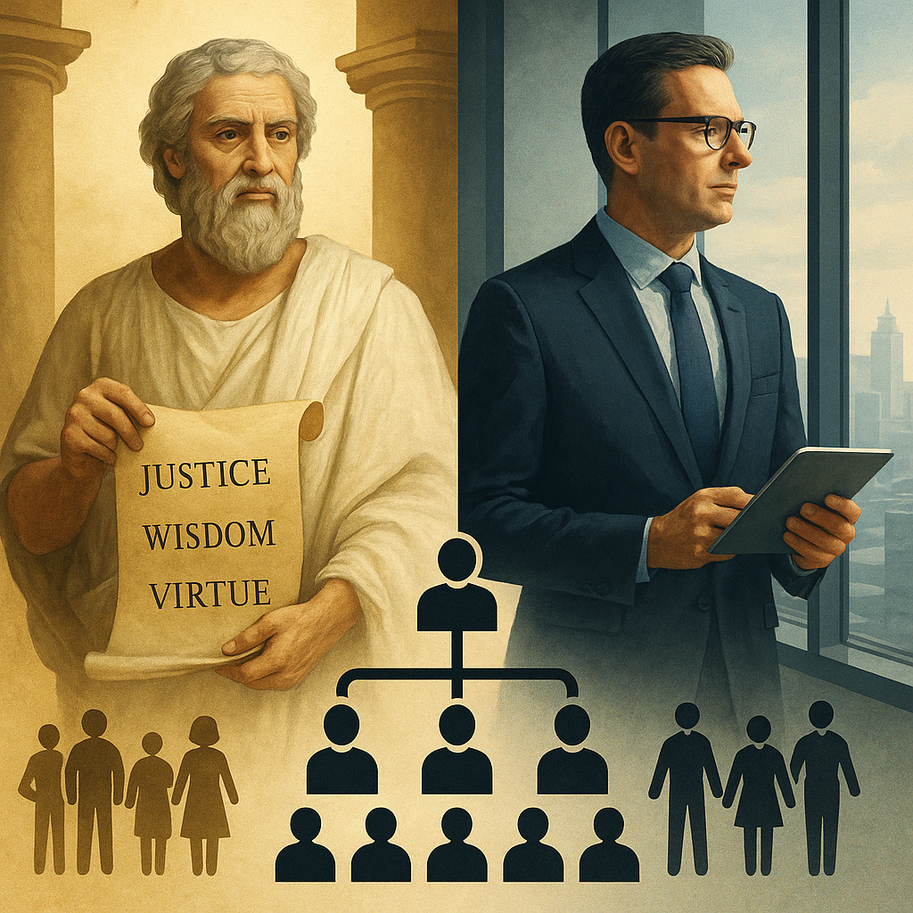 Ancient philosopher and modern executive shown side by side, symbolizing timeless leadership obligation rooted in justice, wisdom, and ethical stewardship.