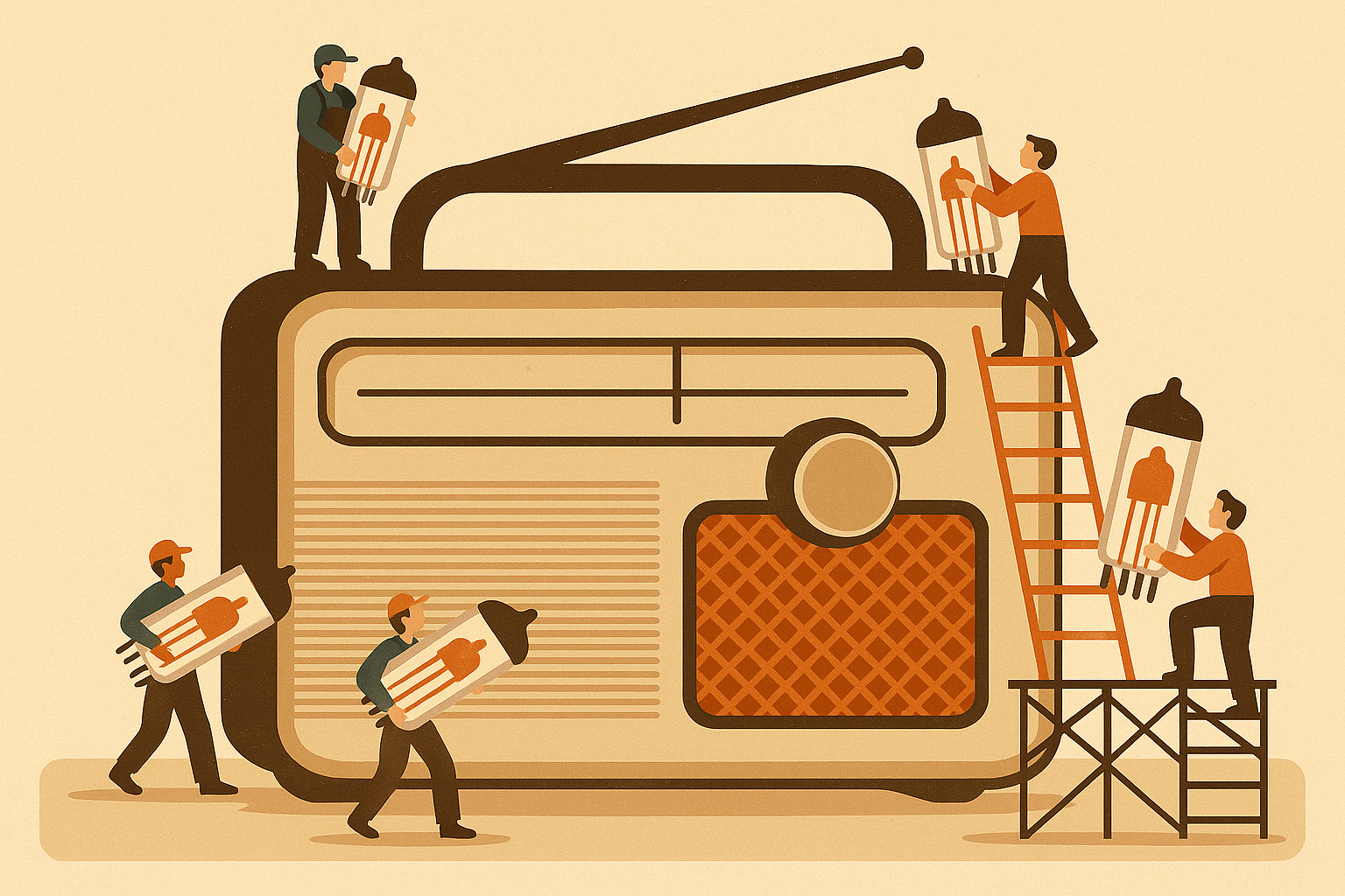 Illustration of tiny workers assembling a giant vintage radio using large vacuum tubes