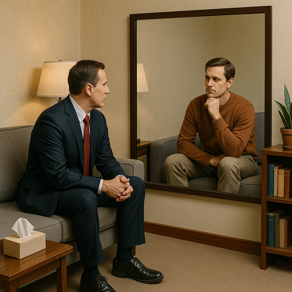 Businessman in a suit seated on a couch looking at his casual reflection in a mirror, symbolizing when a Business Needs a Psychiatrist for organizational introspection and leadership reflection.
