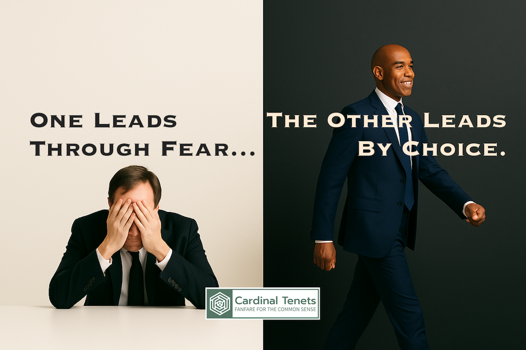 A split-screen image showing two contrasting leaders: on the left, a stressed man hides his face behind his hands, symbolizing toxic leadership through fear. On the right, a confident man in a suit strides forward with purpose, symbolizing ethical leadership by choice. The overlay text reads: “One Leads Through Fear... The Other Leads By Choice.” Cardinal Tenets logo appears at the bottom.