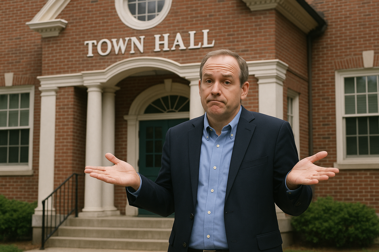 A politician shrugging in front of a town hall, symbolizing politics and local government indifference and eroding trust.