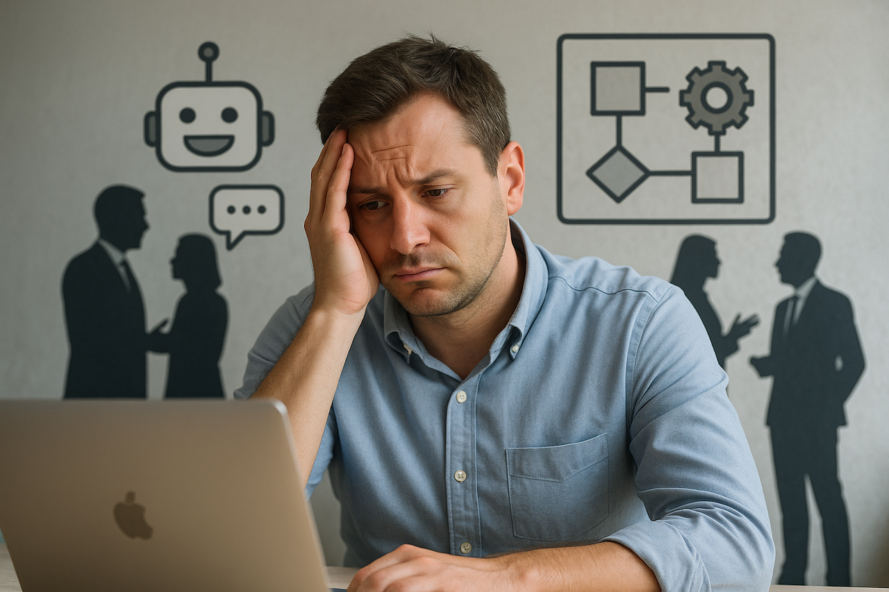 Frustrated employee at laptop with digital tech icons in background, symbolizing challenges of workplace tech adoption.